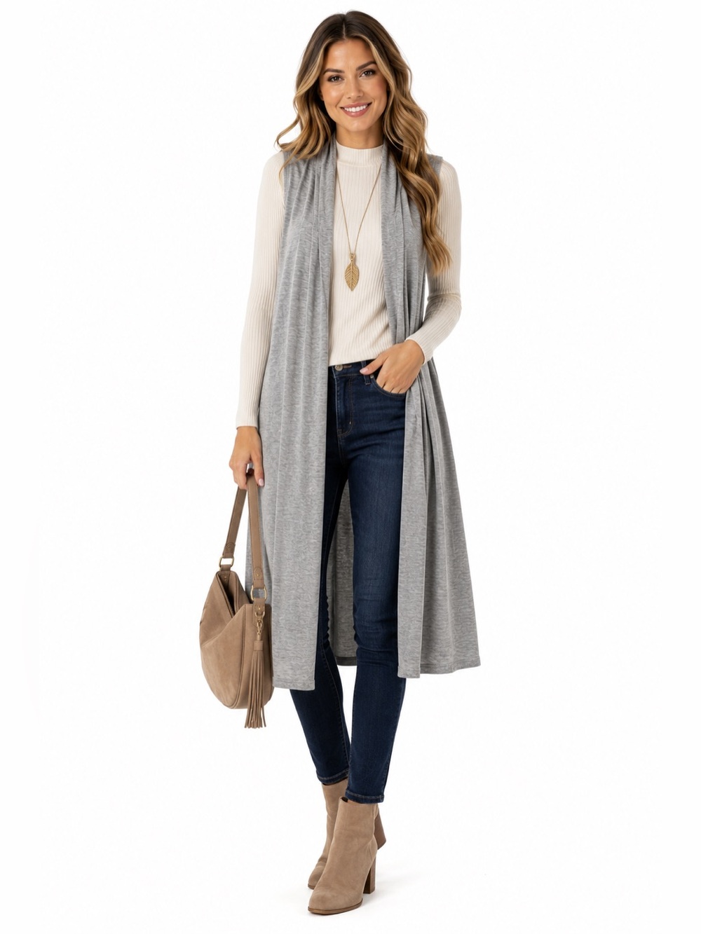 Mossimo Gray Sleeveless Long Duster Cardigan Vest M/L Open Front Lightweight